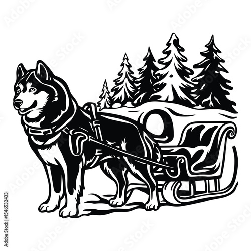 Mountain scene with sled dog pulling wagon vector illustration

