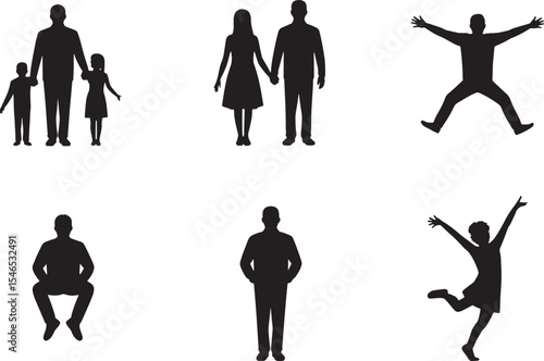 Six Black Silhouettes People Various Poses Family Couple Jumping Sitting Standing vector