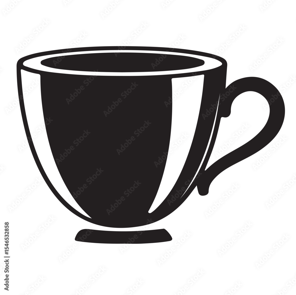 A classic black vector icon of a teacup with a wide rim and handle, against a white background, suggesting hot drinks or breaks. A classic black vector icon of a teacup with a wide rim and handle, against a white background, suggesting hot drinks or breaks.