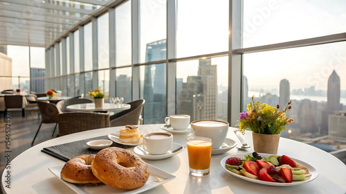 Luxury rooftop breakfast with coffee, bagels, juice, and city skyline view, perfect for travel brochures, hotel promotions, business brunch branding, lifestyle blogs