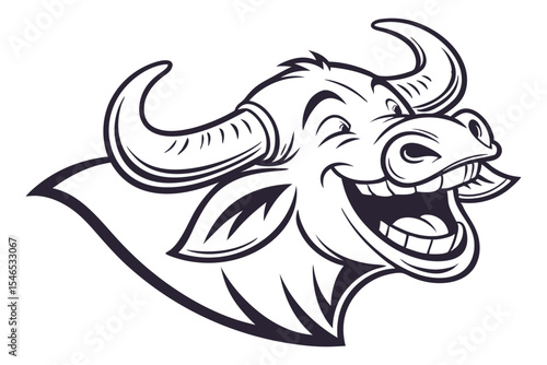 Cartoon buffalo mascot with large horns and a big toothy grin looks menacing