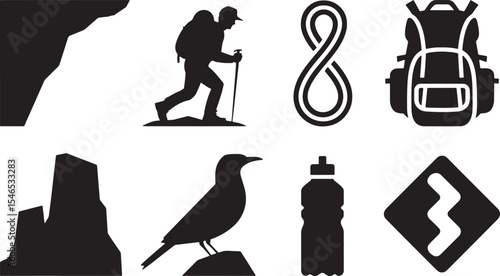 Eight Black Silhouettes Canyon Adventure Hiking Backpack Bird Water Bottle Rock Climbing Figure Eight Symbol