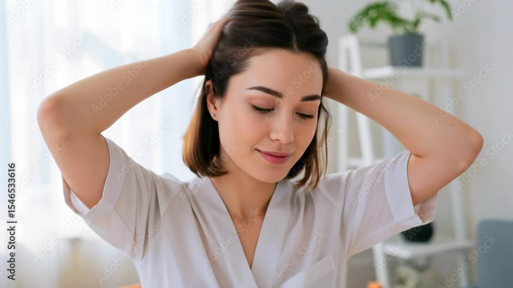 Young woman adjusting her hair in a bright, cozy indoor setting with plants in the background (1) Young woman adjusting her hair in a bright, cozy indoor setting with plants in the background (1)