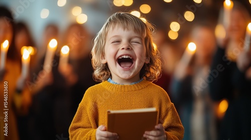 A cheerful young boy in a cozy sweater is singing joyfully while holding a book, surrounded by softly glowing candles and a happy crowd, symbolizing community and celebration.