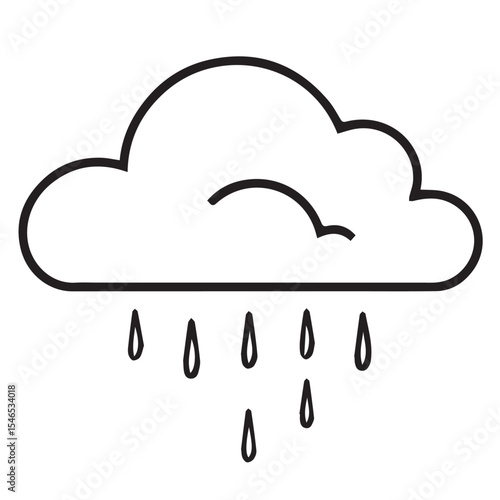 A black outline vector illustration of a cloud with raindrops falling, symbolizing rain.