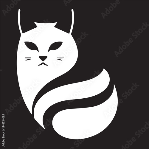 A sleek white vector illustration of a cat with a striped tail and expressive eyes, set against a dark background, embodying elegance and feline grace.