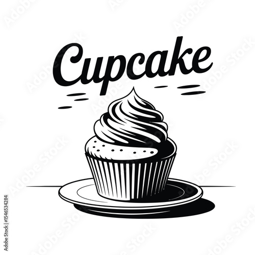 Cupcake or pie with whipped cream in black and white vector