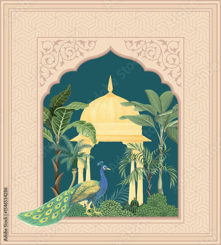 Traditional mughal decorative wedding invitation card. Mughal garden with illustration frame for wedding invitation.