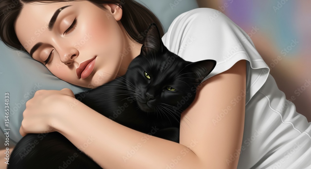 Young woman sleeping while hugging a black cat close-up Young woman sleeping while hugging a black cat close-up