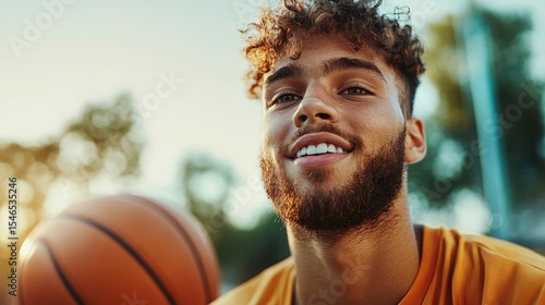 A smiling young man holds a basketball outdoors, radiating confidence and happiness under warm sunlight, embodying the spirit of playfulness and freedom in sports.