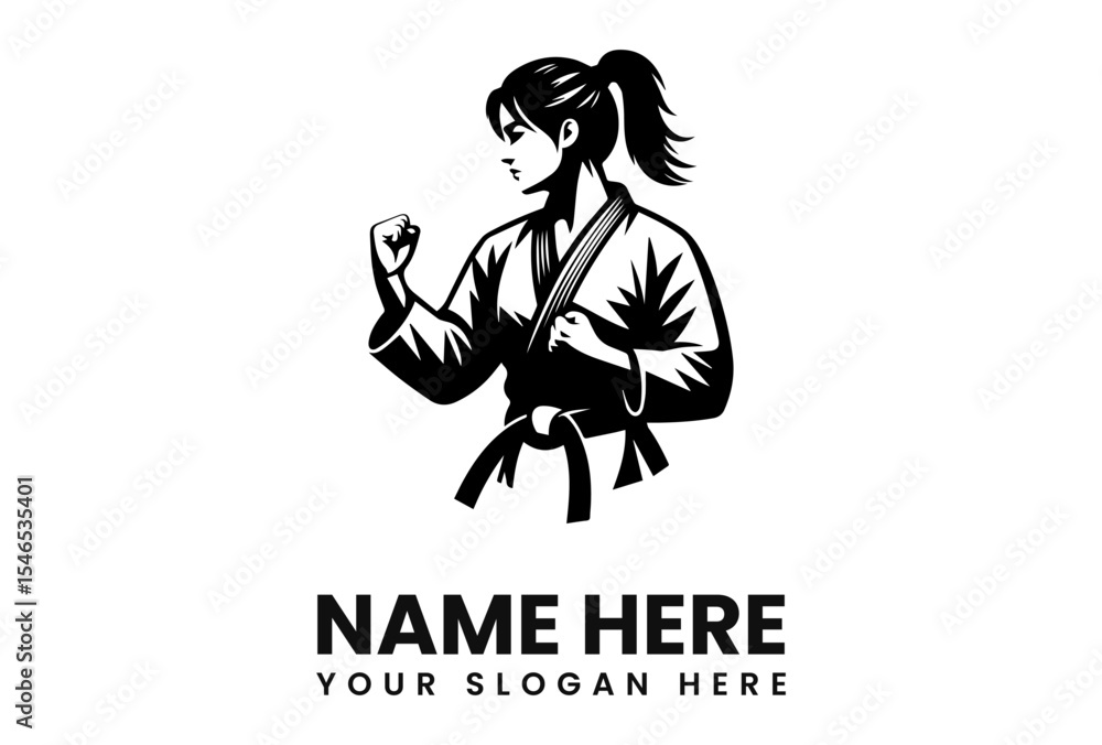 Fototapeta premium A woman in karate uniform with a ponytail is in a fighting stance, ready to strike.