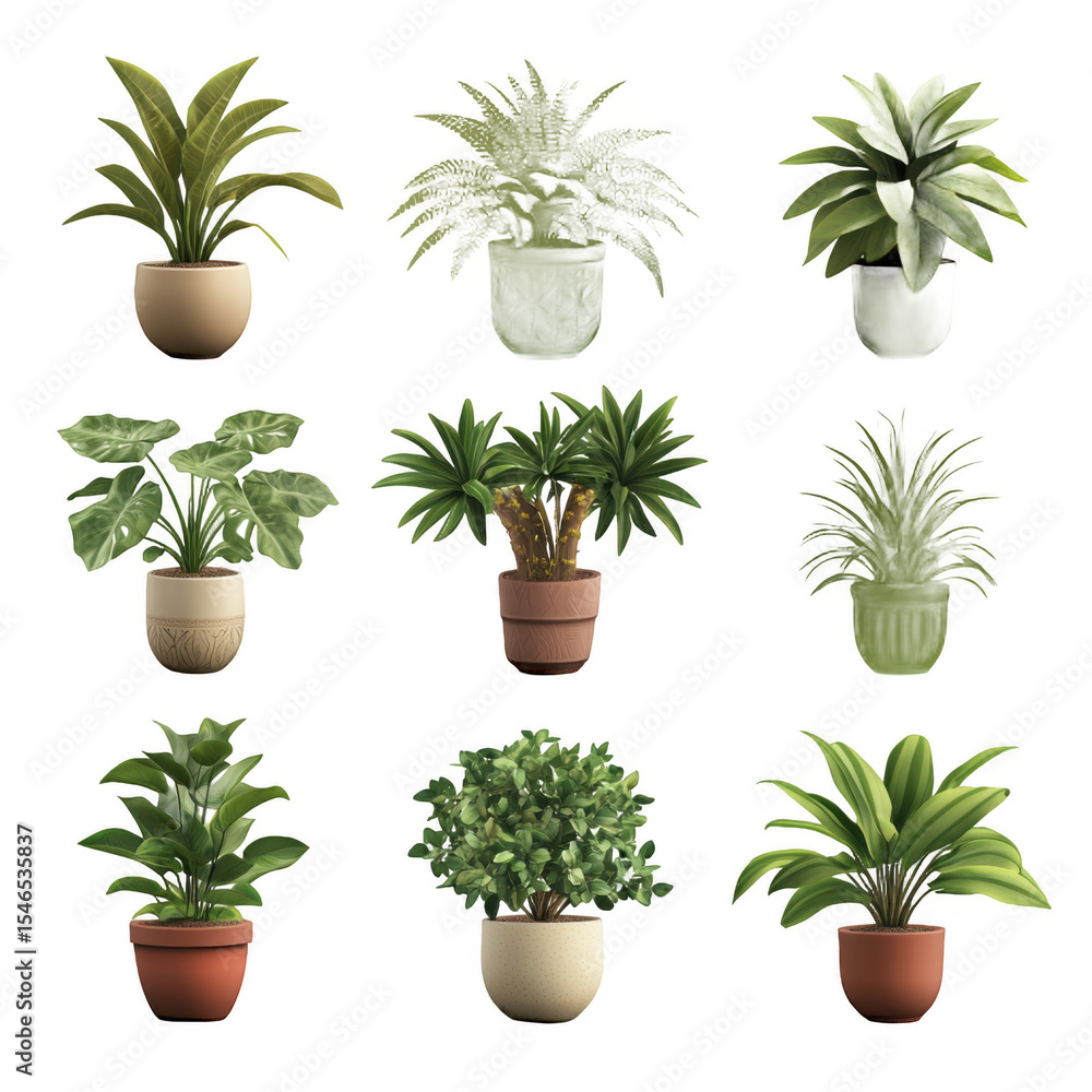 Obraz premium A collection of various indoor potted plants arranged in a grid, showcasing vibrant foliage and diverse shapes, set against a simple background ideal for home decor inspiration