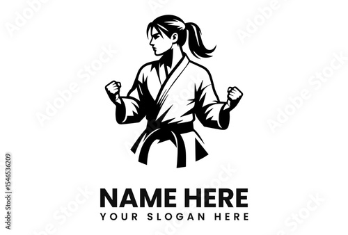 Black and white logo of a female martial artist in karate stance.