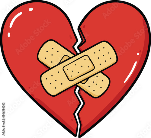 Broken red heart with crossed adhesive bandages symbolizing emotional healing and recovery concept