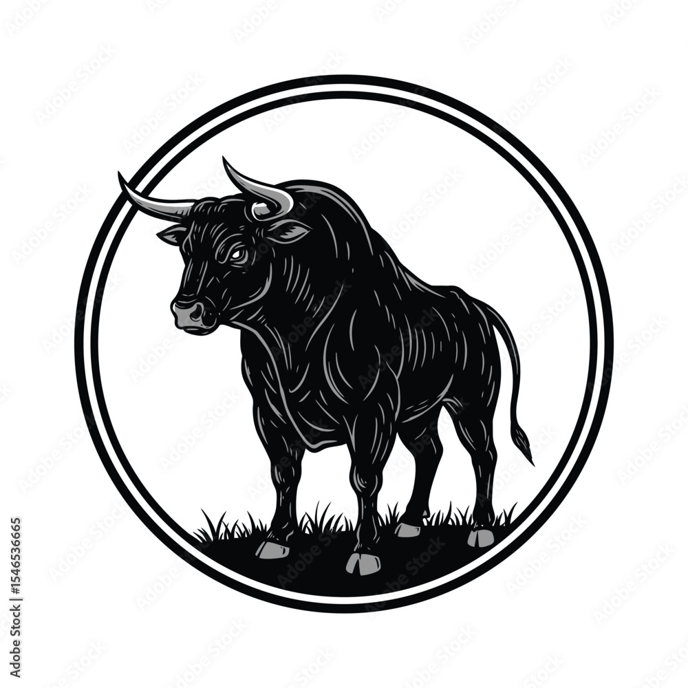 Obraz premium Powerful Black Bull Illustration in Circular Frame – Strength, Determination, and Symbol of Bull Market