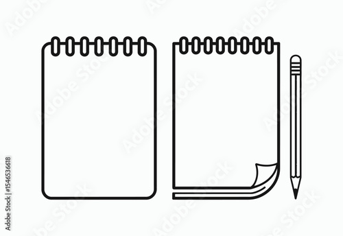 Spiral notebooks and pencil icon set line art