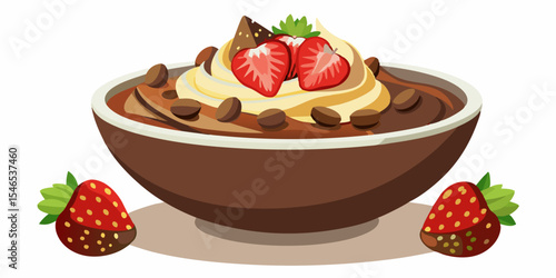 Delicious chocolate mousse dessert with strawberries and cream