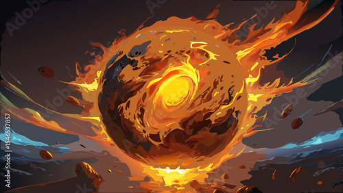 Fiery planet explosion cosmic event fantasy art