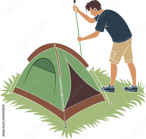 Man setting up a tent in a grassy field for camping trip