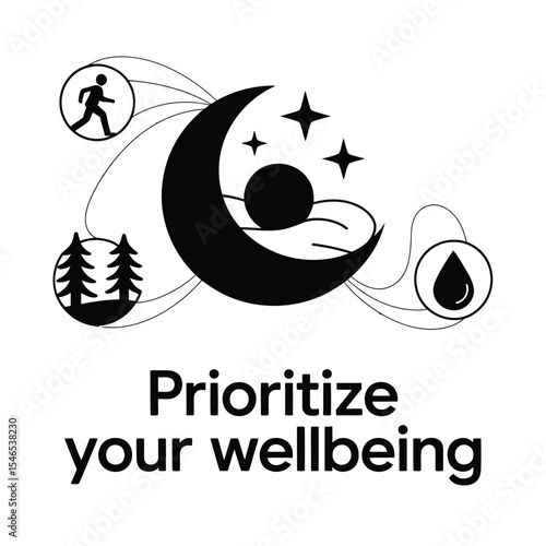 Mental health icons for sleep, walk, and hydration in black and white