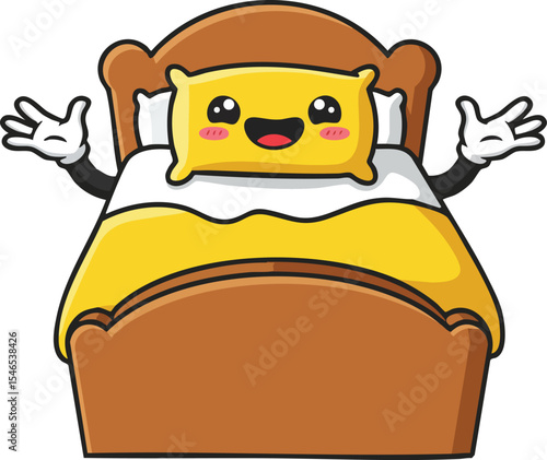 Cute yellow pillow with happy face lying in wooden bed with outstretched white-gloved hands cartoon vector illustration 