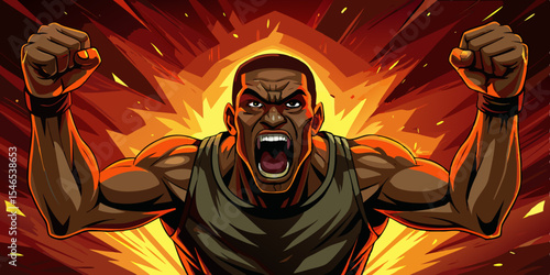 Powerful muscular black man triumphantly celebrating victory