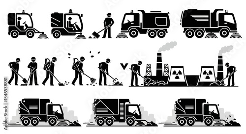 Various Sanitation Vehicles and Workers in Action, Showing Different Tasks