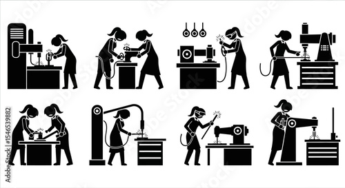 Women Working in a Factory Setting, Various Industrial Tasks