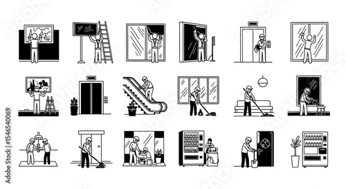 Black and White Icons of Maintenance Workers Performing Various Tasks