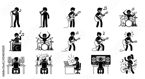 Black and White Stick Figures Performing Music with Instruments