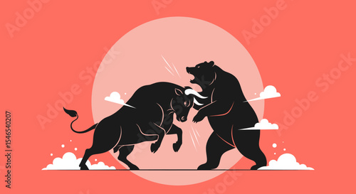 Black Bull and Bear Silhouette Confrontation: Fierce Stock Market Battle