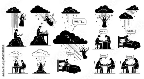 Black and White Writing Inspiration Pattern with Angels and Clouds