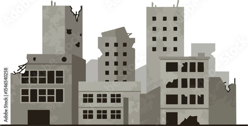 Abandoned dilapidated buildings in urban setting with broken windows and crumbling walls in grayscale color scheme 