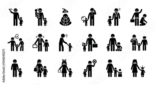 Black Pictogram Set Illustrating Diverse Parent-Child Interactions and Relationships