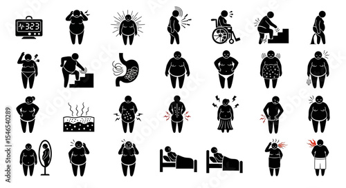 Black Pictogram Set Illustrating Obesity-Related Health Problems and Conditions
