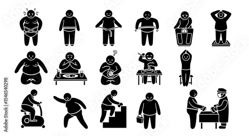 Black Pictogram Set Illustrating Overweight and Obesity Issues in Various Poses