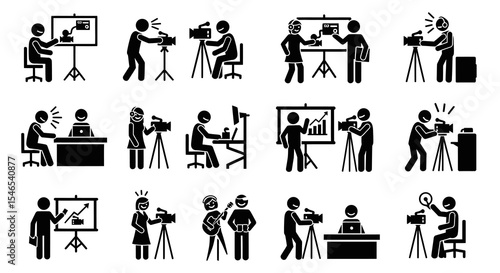 Various Video Production Team Members in Action, Diverse Poses and Equipment