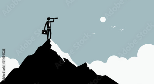 Businessman on Mountaintop with Binoculars, Looking Outward, Silhouette Style