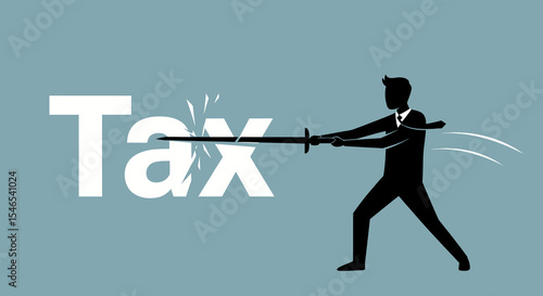 Businessman Slicing "Tax" with Sword, Conceptual Illustration of Financial Struggle