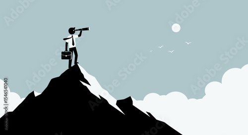 Businessman on Mountaintop with Telescope, Searching for Opportunities