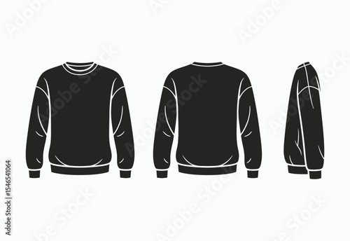 Black crew neck sweatshirt mockup front back side views