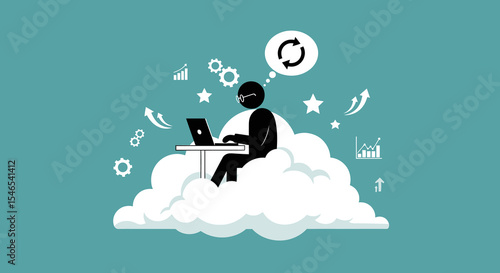 Silhouette of a person working on a laptop, seated on a cloud, surrounded by growth and innovation symbols.