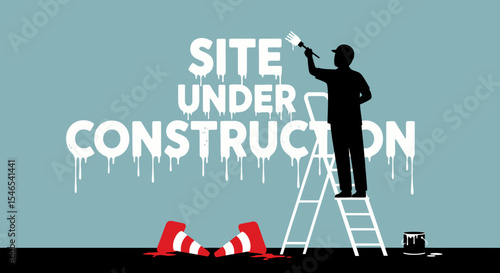 Site Under Construction Illustration with Worker Painting, Ladder, and Cones