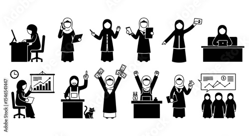 Silhouetted Businesswomen in Various Poses, Black and White, Office Environment.