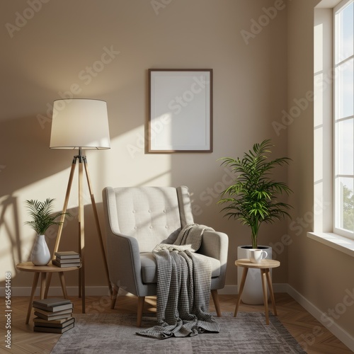Frame mockup in a cozy, sunlit reading nook