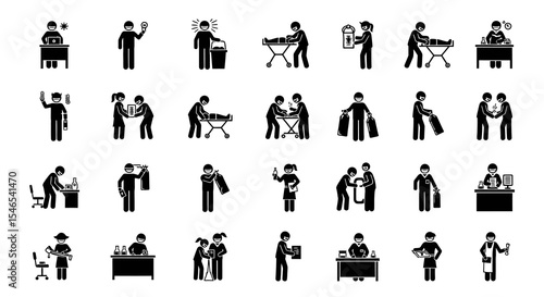 Collection of Black Stick Figure Icons Representing Various Professions and Activities