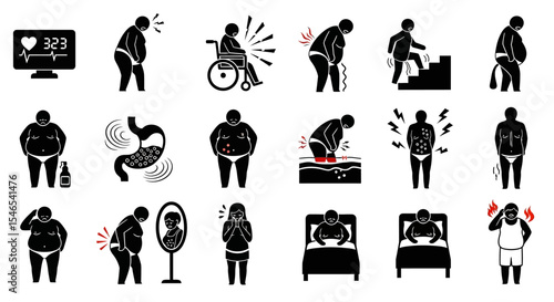 Collection of Black Pictograms Illustrating Various Health Issues and Symptoms in Obese Individuals