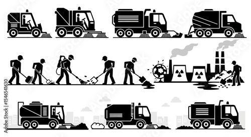 Collection of Street Cleaning Vehicles and Workers: Black and White Illustrations