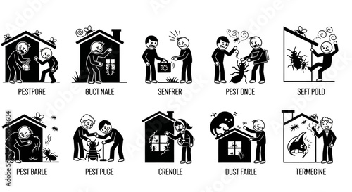 Collection of Ten Black and White Illustrations Depicting Pest Infestations in Homes