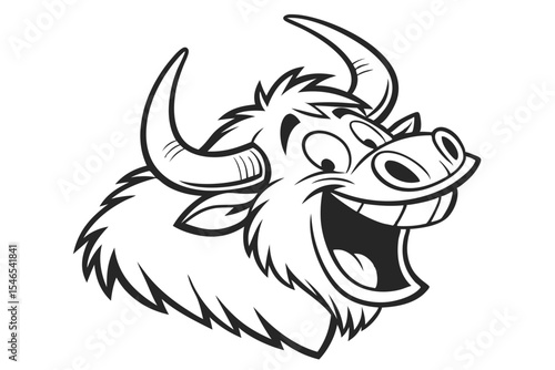 Cartoon yak head with big smile showcases its playful and bold outline style